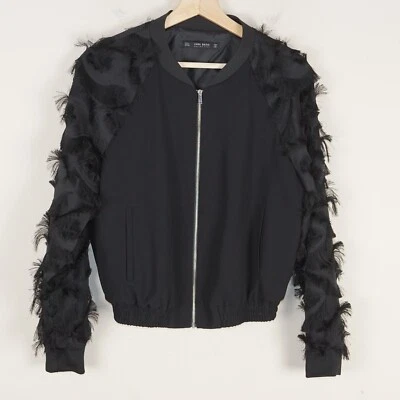 Chaqueta Bomber Zara Básica Cremallera Completa Negra Detalle Manga Flecos Mujer Talla S Foto 1 de 4