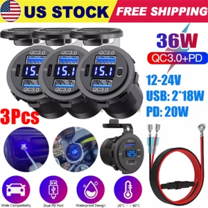 3Pcs 12-24V Double USB PD QC3.0 Chargeur Voiture Rapide LED Voltmètre Prise de Puissance - Photo 1 sur 10