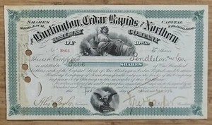 Stock Certificate Iowa Burlington Cedar Rapids and Northern Railroad Railway - Picture 1 of 1