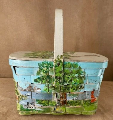 IURKA Vintage Búho Árbol Caja Bolso Pintado a Mano Monedero Madera Cesta Mediados de Siglo Foto 1 de 4