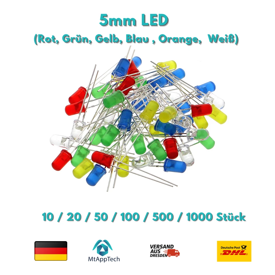 5mm LED Diode  Blau Rot Grün Gelb Orange Weiß - Bild 1 von 1