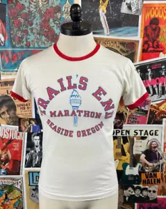 Vtg 70s Seaside Oregon Trail's End Marathon Run Champion Ringer Graphic T-Shirt - Picture 1 of 10