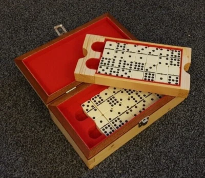 Double 9 Set of 55 Dominoes. Good Quality, White with Black Dots in Handmade Box - Image 1 of 4