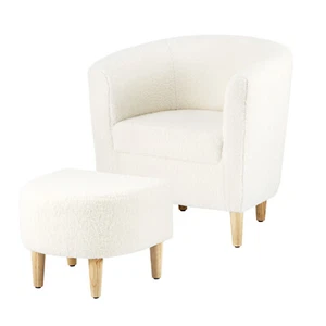 Accent Arm Chair Linen Fabric Upholstered Comfty Barrel Single Sofa With Ottoman - Picture 1 of 33
