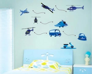 Wandtattoo Kinderzimmer Fahrzeug Hubschrauber Wandaufkleber Wandsticker Flugzeug - Bild 1 von 7