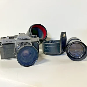 PENTAX K1000 35MM SLR FILM CAMERA WITH TWO LENSES AND CASE - Picture 1 of 5