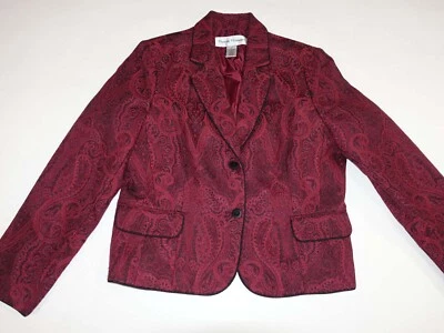 Chaqueta Blazer Rena Rowan Para Mujer Estampado Paisley 2 Botones Talla 16 Rojo Negro Abrigo Foto 1 de 4