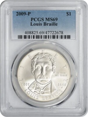 2009-P Louis Braille Silver Commemorative Dollar MS69 PCGS Mint State 69 - Image 1 of 2