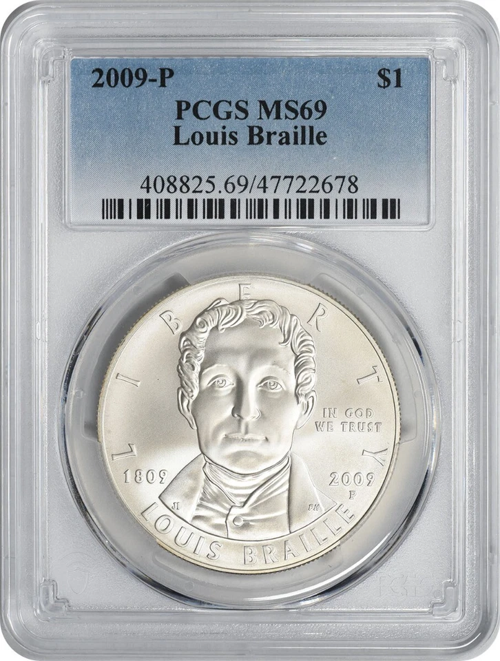 2009-P Louis Braille Silver Commemorative Dollar MS69 PCGS Mint State 69 - Image 1 of 2