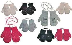Girls Children Kids Autumn Winter Warm Mittens Gloves With String Size 2-5 Years