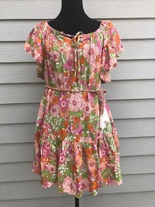 Neu mit Etikett Rachel Zoe schulterfreies Kleid Rüschensaum mit Gürtel Blumenmuster Größe XS - Bild 1 von 11