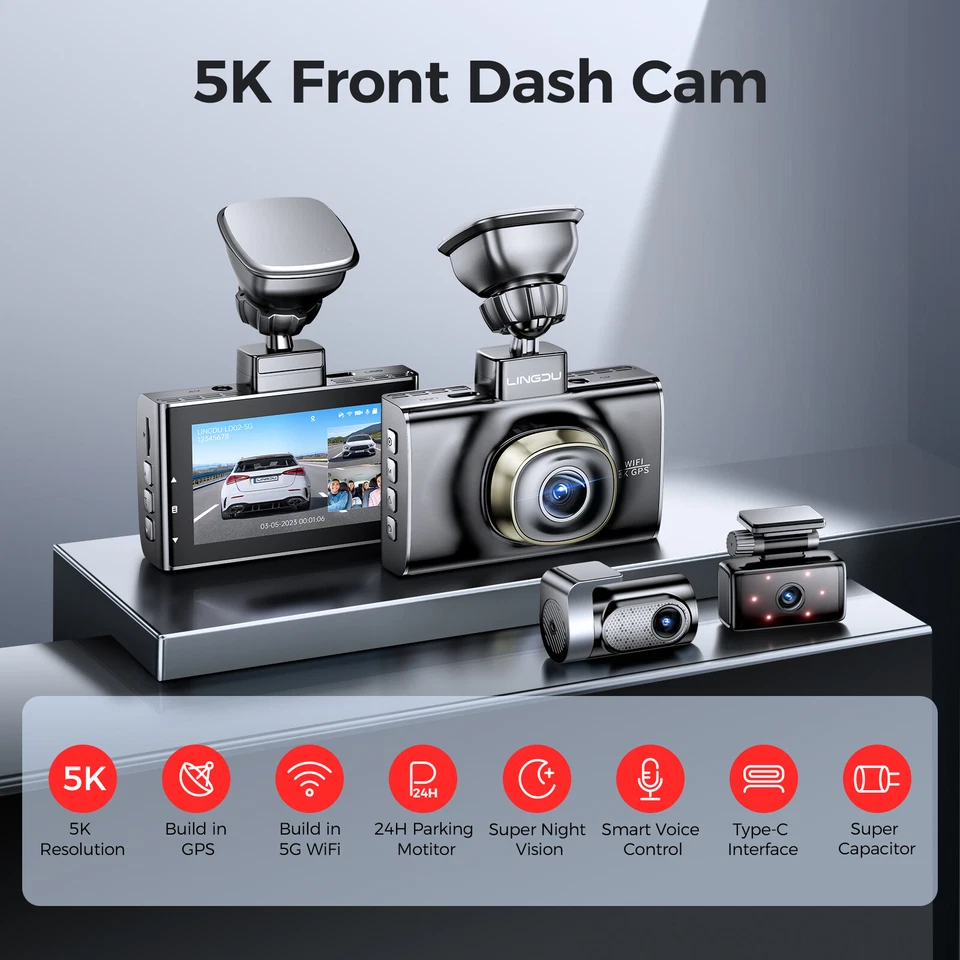 LINGDU 4K Dash Cam 3Lens Front+Rear+Cabin Dash Camera WiFi&GPS Night Vision 24H Parking