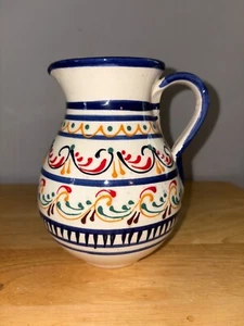 Handpainted Ceramic Pitcher Colorful Bold Vibrant 6" Blue Rim Handle Vase Spain - Picture 1 of 8