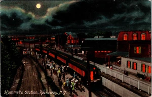 ROCKAWAY, NEW YORK - HALLEMLS RAILROAD STATION AT NIGHT - TRAINS - OLD POSTCARD - Picture 1 of 2