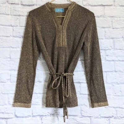 Suéter de malha vintage anos 70 dourado preto lurex discoteca retrô malha Leroy - Imagem 1 de 4