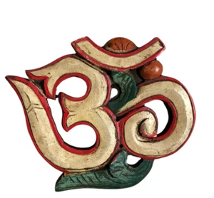 Om Hand Carved Hand Painted Wooden Wall Hanging Decor Made in Nepal Wax Seal - Picture 1 of 8