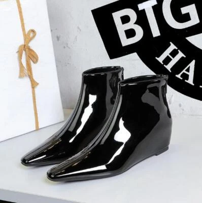 Moda Mujeres Tacón Bajo Cuña Punta Punta Botines Cuero Charol Brillante Zapatos Foto 1 de 4