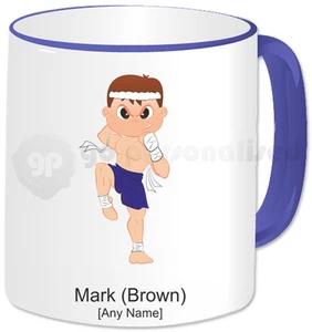 Personalised Martial Arts Mug- Muay Thai Boy with Attack Face- Blue Handle - Picture 1 of 1