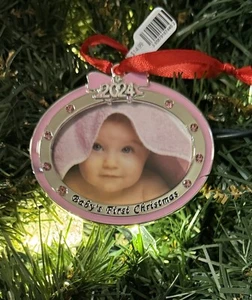 2024 Harvey Lewis Baby's 1st Christmas Ornament Pink w Crystals Picture Frame - Picture 1 of 1