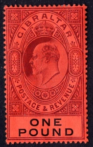UK G.B. GIBRALTAR 1908 £1.00 KING EDWARD S.G. #64 SC. #64 MINT HINGED C.V. $650 - Picture 1 of 2