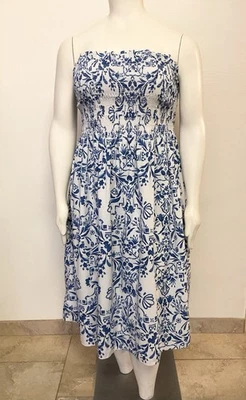 Vestido de verão H&M sem alças azul e branco estampa floral algodão midi tamanho XL - Imagem 1 de 4