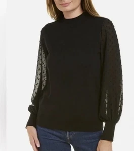 Vince Camuto Mockneck Sweater Women's M Swiss Dot Sheer Long Sleeves Black - Picture 1 of 6