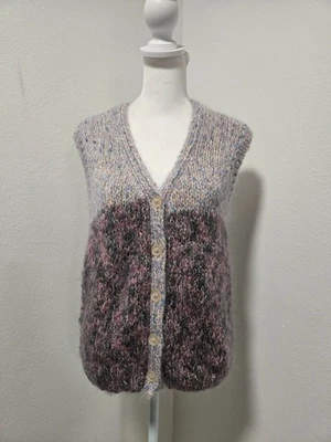 VINTAGE HANDMADE/KNITTED PURPLE/BLUE/GRAY FURRY MOHAIR BLEND BUTTON SWEATER VEST - Image 1 of 4