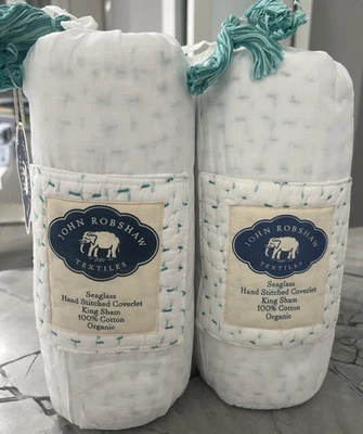 (2) John Robshaw King Sham Hand Stitched White / Seaglass Blue Green 20" X 36" - Image 1 of 4