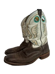 JUSTIN Bent Rail Boots BR313 Brown White w Turquoise Western Square Toe Mens 11 - Picture 1 of 14