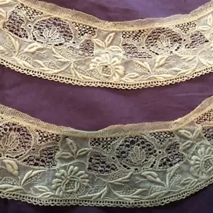 EXQUISITE HANDMADE ANTIQUE ANGLAIS BRODERIE FINE NEEDLE NET LACE PAIR COLLARS - Picture 1 of 7