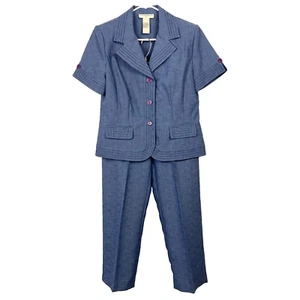 Vintage 90s Sag Harbor Blue Short Sleeve Blazer Pants Suit Womens 8 - Picture 1 of 7