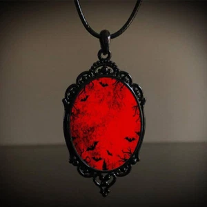 Gothic Vampire Bats Cross Necklace Witch Black Oval Glass Pendant Halloween - Picture 1 of 2