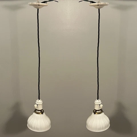Pair Pendant Light Fixtures Antique Scalloped Shades Porcelain Fixtures 139E Cover