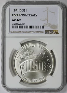 1991-D USO Modern Silver Commemorative Dollar $1 MS 69 NGC - Picture 1 of 4