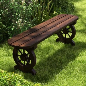 Rustic Wood Bench Seat Patio Outdoor Garden Without Backrest w/ Wagon Wheel Base - Picture 1 of 9