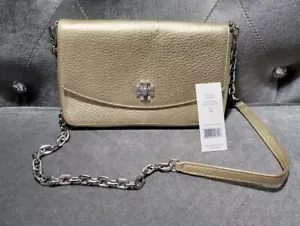 TORY BURCH Light Gold Leather Front Flap Turnlock Chain Crossbody Purse, NWT - Picture 1 of 15