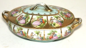 Antique Hand Painted Sauce Tureen Lidded Oval Bowl-Gold Trim Nice - Picture 1 of 6