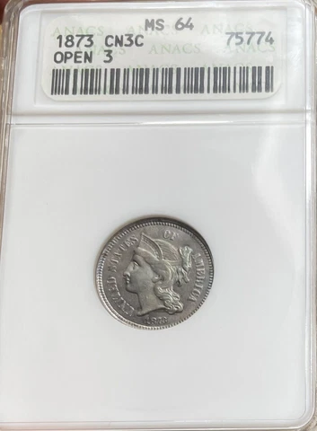 1873 Three Cent Nickel Open 3 ANACS MS64 Old Soapbox Holder - Rare Coin! Cover
