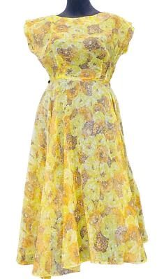 Vestido Amarillo Vintage Años 40, Mostaza Transparente Floral Midi Verano Nylon Dorado M Foto 1 de 4