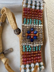 SUNDANCE Adonnah Langer Chili Rose Multicolor Beaded Leather Bracelet *NEW* - Picture 1 of 2