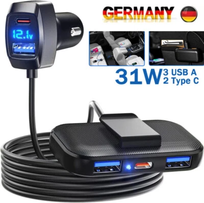 Auto Adapter Ladegerät Zigarettenanzünder Verteiler mit 3 USB 2Typ-C Steckdose - Bild 1 von 4