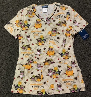 Nueva Blusa Médica Cherokee para Mujer Talla XS Pug Otoño Calabaza Acción de Gracias  Foto 1 de 2