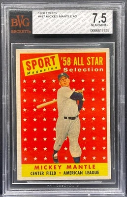 1958 Topps #487 Mickey Mantle All-Star Hof graduado BGS BVG 7,5 casi nuevo+ centrado nítido Foto 1 de 2