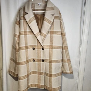 Time & Tru Oversized Womens Plaid Long Casual Size 2X Brown Cream Warm Peacoat - Picture 1 of 8