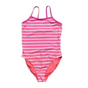 Girls M 8 Old Navy Neon Pink & White Stripe One Piece Swimsuit Swimwear - Picture 1 of 2