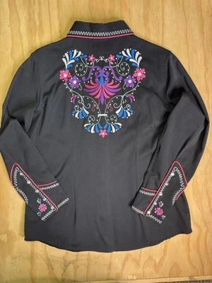 Camisa occidental Panhandle delgada para mujer XL negra bordada perla floral a presión Foto 1 de 4