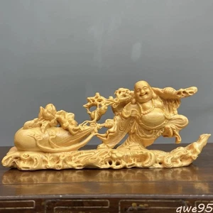 14cm Cliff Cypress Wood Engrave Maitreya Buddha Statues Carving Car Ornaments - Picture 1 of 4