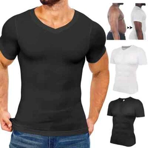 Men's Compression Shirts V-Neck Workout Abs Abdomen Tummy Control Body Shaper - Picture 1 of 20