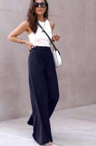 Women Navy Casual Chiffon Oversize Adjustable Waist Wide Leg Pant with Belt - Picture 1 of 17