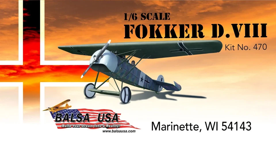 Balsa USA 1/6 Scale Fokker D-VIII Remote Control Balsa Wood Airplane Kit #470 - Image 1 of 2